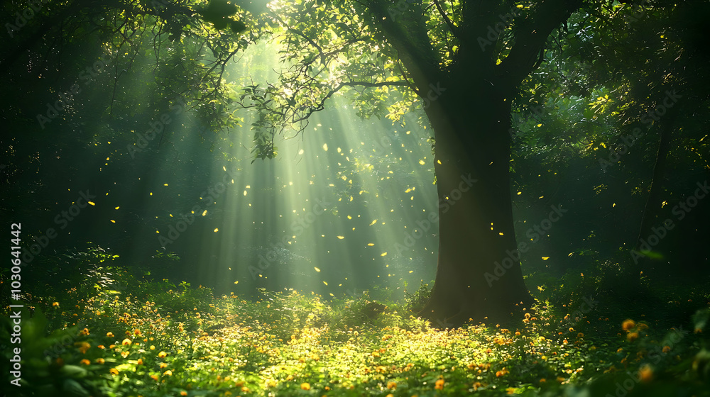 Poster sunlight filters through a lush forest, creating a serene atmosphere.