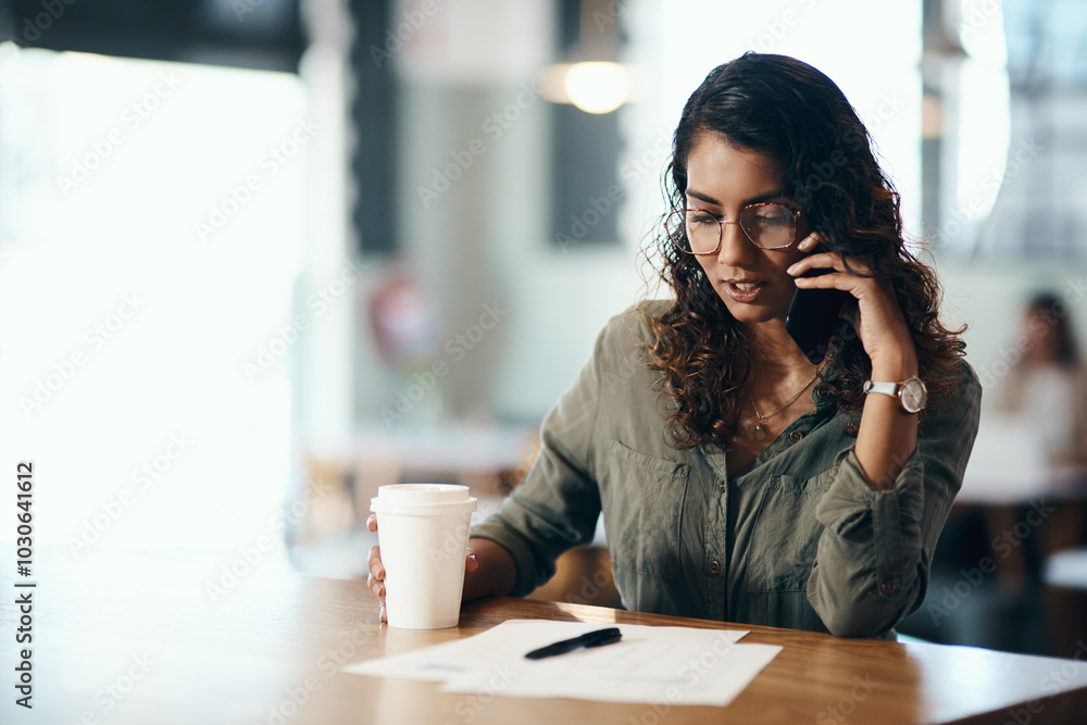 Aufkleber Notes, phone call and woman in cafe for remote work, communication or online networking application. Paperwork, contact and freelancer girl in coffee shop with smartphone, discussion or job search
