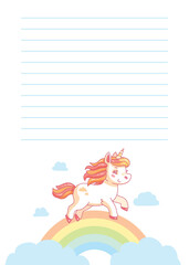 Cartoon unicorn is running over a rainbow with clouds and blank lines at the top for adding your own message. Vector illustration