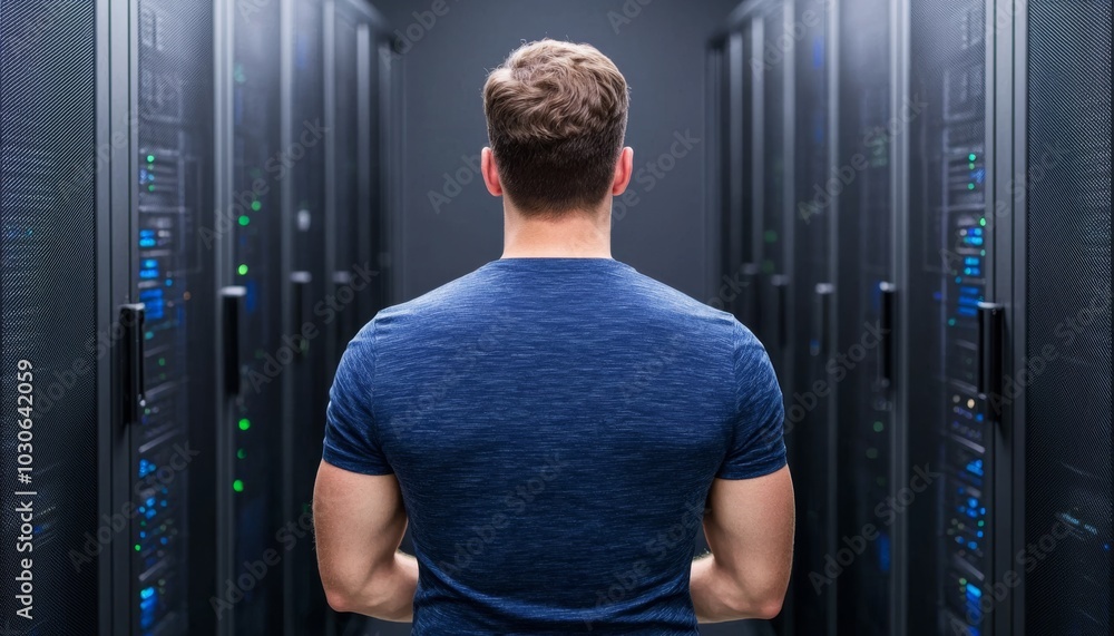 Poster a person stands before rows of servers in a dimly lit data center, observing the technology around t