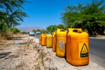 Jerry cans filled with gasoline, arranged on a dusty roadside