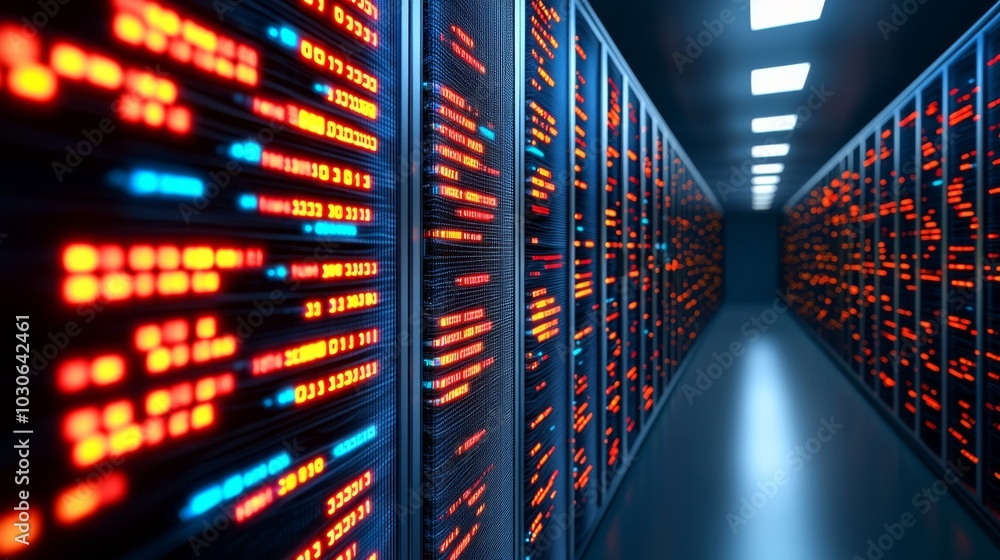 Poster a visually striking data center corridor with illuminated servers, showcasing vibrant lights and a m