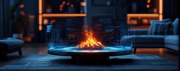 Modern virtual fire pit in a cozy living room