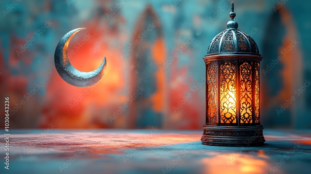 Aufkleber modern ramadan themed minimalistic background with a sleek arabic lantern and a silver crescent moon