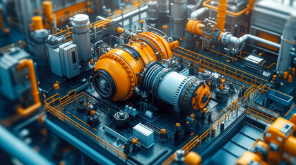 Fototapeta premium A large industrial turbine engine system inside a high-tech manufacturing facility, showing complex machinery with vibrant orange components for heavy-duty industrial applications