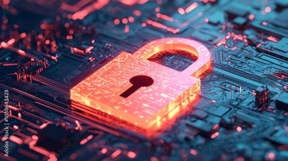 Poster a glowing padlock icon set against a digital circuit board background, symbolizing cybersecurity and