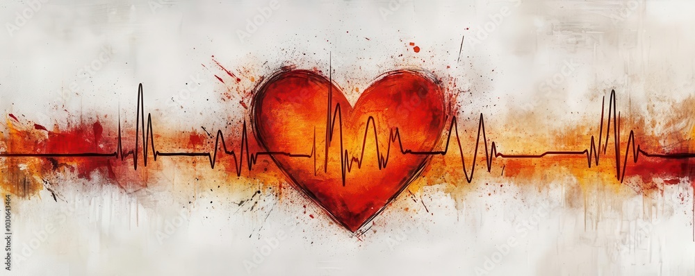 Poster heartbeat pattern created using ink splatters on a white canvas, abstract modern art