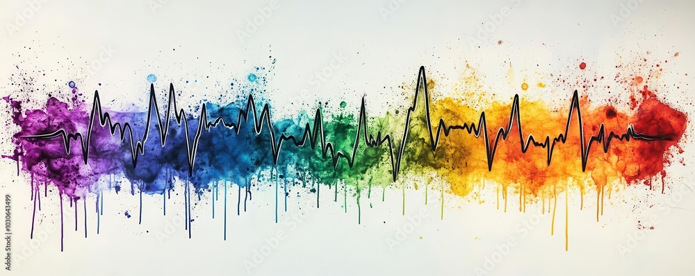 Poster heartbeat pattern created using ink splatters on a white canvas, abstract modern art