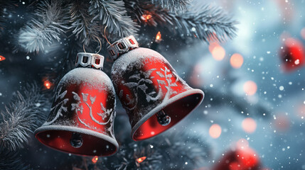 Two frosted red bells hang from snow-covered pine branches, surrounded by soft glowing lights and falling snowflakes in a wintry setting.