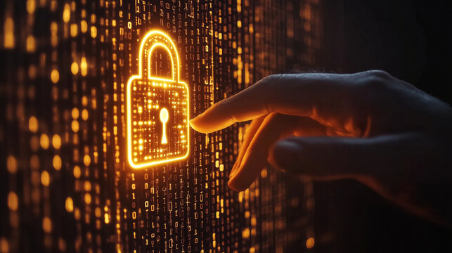 hand hovering over glowing digital padlock, symbolizing secure data