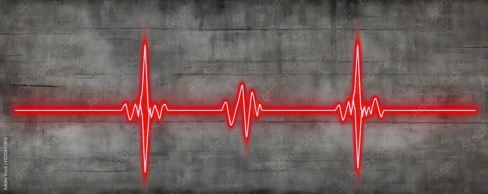 Poster pulsating heartbeat diagram in red, set against a textured grunge background, artistic rendering