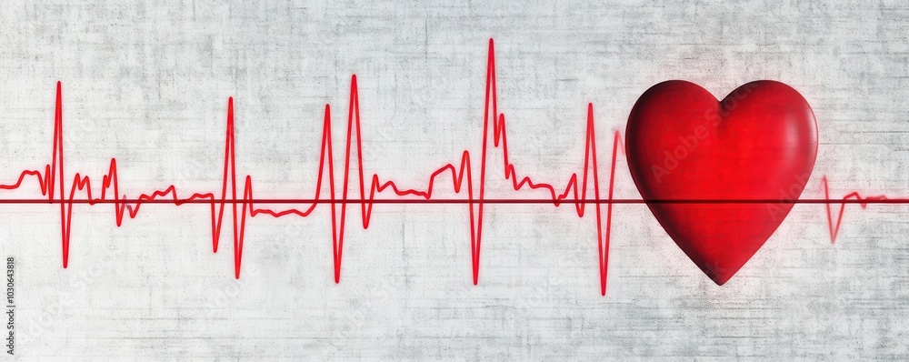 Poster pulsating heartbeat diagram in red, set against a textured grunge background, artistic rendering