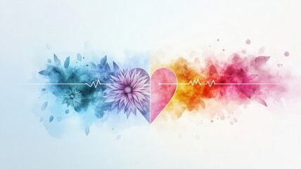 Simple heartbeat diagram fading into a watercolor splash, minimalist and elegant