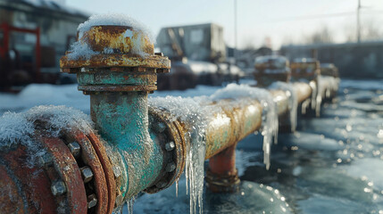 Fototapeta premium Close-up of frosted industrial pipes, showcasing icy details in a snowy landscape
