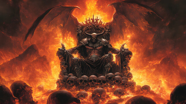 Deamon sitting on his Skull throne, satan sit in the hell sourroundet by flames, Dark illustration