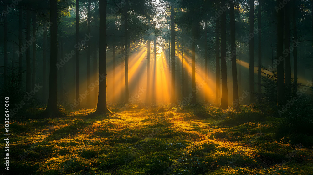 Poster sunlight streams through trees in a serene forest setting.