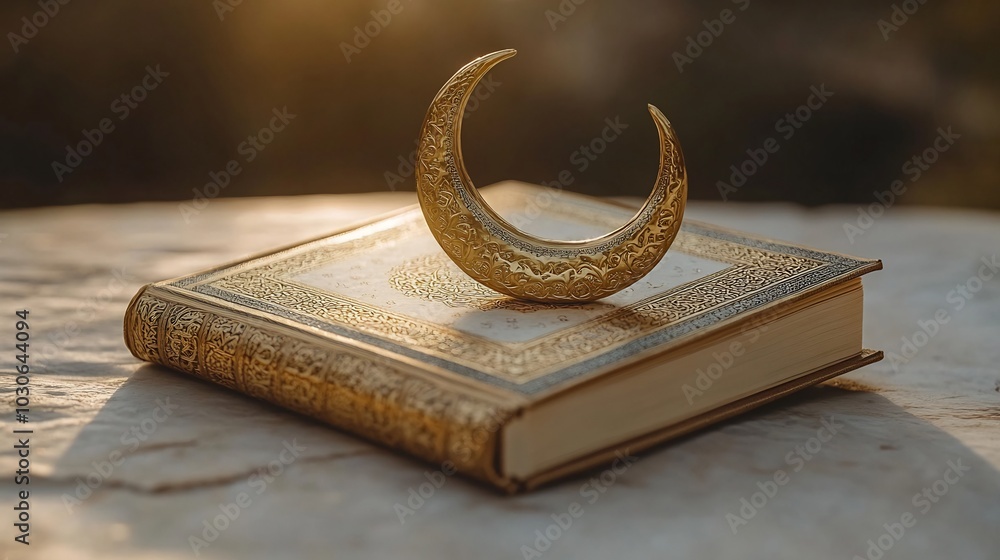 Poster modern ramadan themed minimalistic background with a golden quran and a crescent moon both placed on