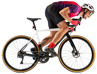 Portrait of man, professional cyclist training, riding against transparent background. Developing...