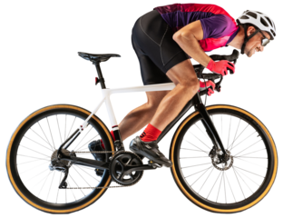 Portrait of man, professional cyclist training, riding against transparent background. Developing strength. Concept of sport, action, motion, speed, hobby, lifestyle.