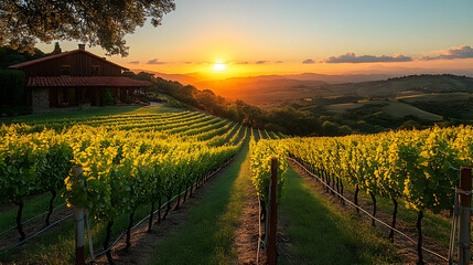 Naklejka premium Scenic vineyard at sunset with rows of grapevines and hills.
