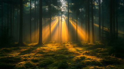 Fototapeta premium Sunlight streams through trees in a serene forest setting.