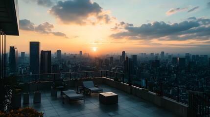 Fototapeta premium 77. An empty rooftop patio with a stunning city view