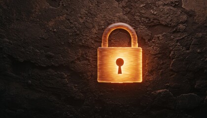 Fototapeta premium A golden padlock glowing against a dark stone wall, symbolizing security and protection.