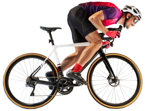 Portrait of man, professional cyclist training, riding against transparent background. Developing strength. Concept of sport, action, motion, speed, hobby, lifestyle.