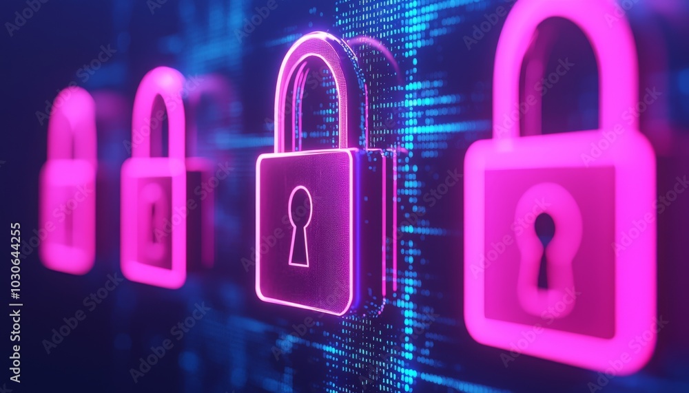 Poster neon pink padlocks against a digital background symbolize security and encryption in a modern tech e
