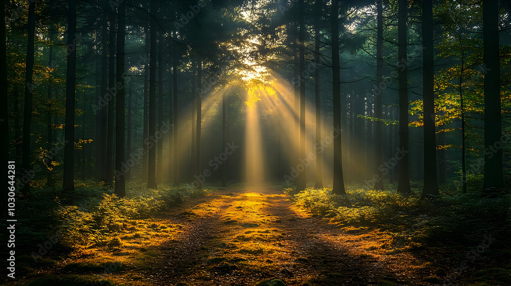 Poster sunlight beams through a tranquil forest path, creating a serene atmosphere.