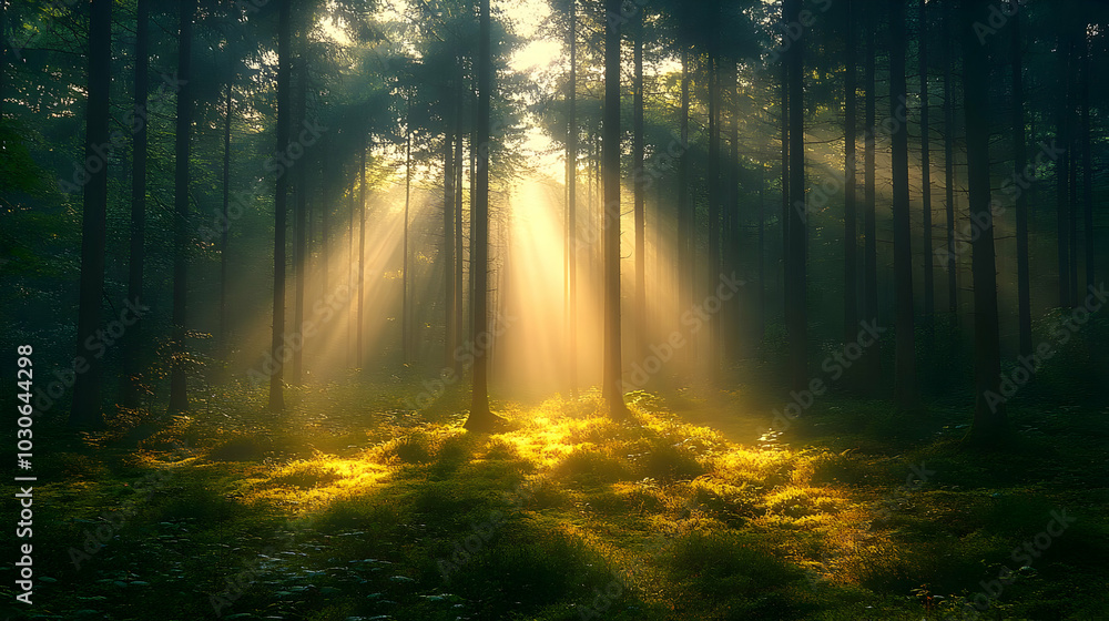 Poster serene forest with sunlight filtering through trees.