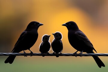 Fototapeta premium Minimalist silhouette of a family of birds, sitting on a wire
