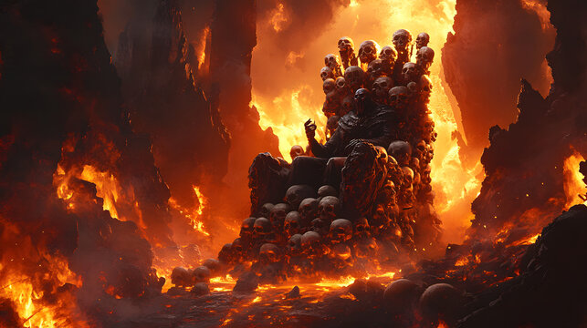 Deamon sitting on his Skull throne, satan sit in the hell sourroundet by flames, Dark illustration