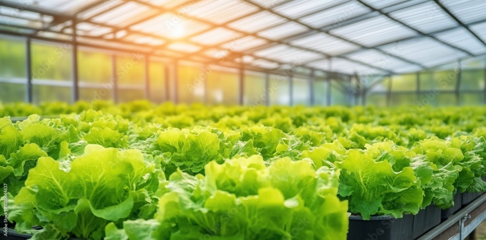 Wall mural lush green lettuce growing in a greenhouse under natural light.