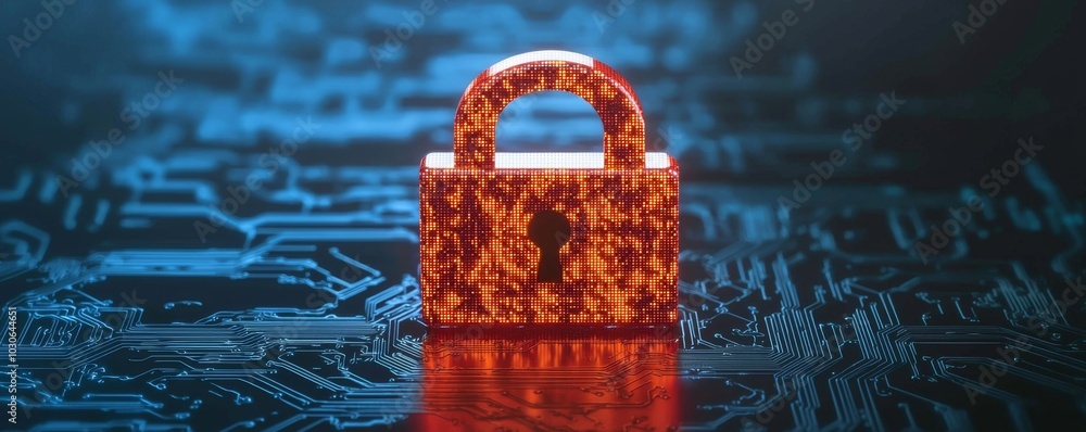 Poster a digital lock symbolizing cybersecurity, featuring a glowing design against a network background, r