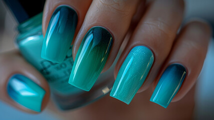 Obraz premium Woman's beautiful hand with long nails and turquoise green and blue manicure with bottles of nail polish