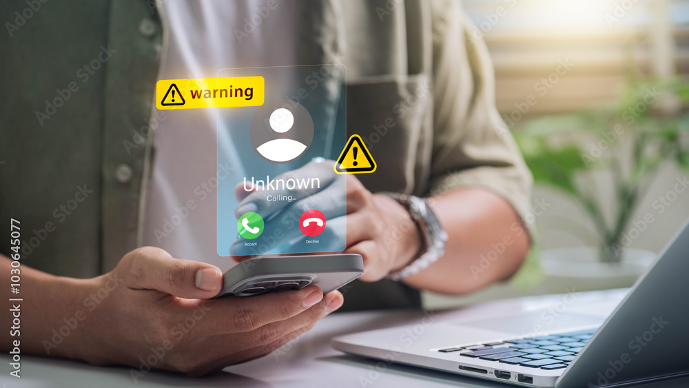 Poster scam or spam alert calls, person receiving unknown caller notification with a warning messages to pr