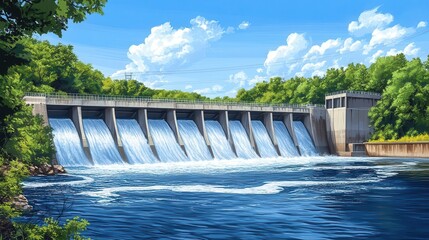 Hydroelectric dam producing clean energy, flowing river powering sustainable development, water-based solutions