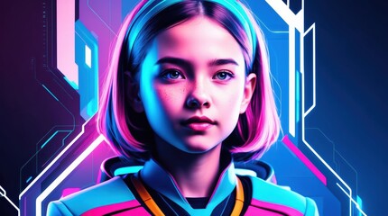 A futuristic portrait of a girl, featuring high-tech fashion, glowing elements, and a sleek, modern aesthetic that blends technology with beauty
