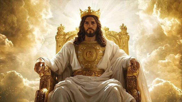 Christian religion concept, biblical scene, second coming of Jesus Christ, Heaven gate, throne of God, divine light. Glowing golden throne with angelic wings above clouds, leading to Heaven