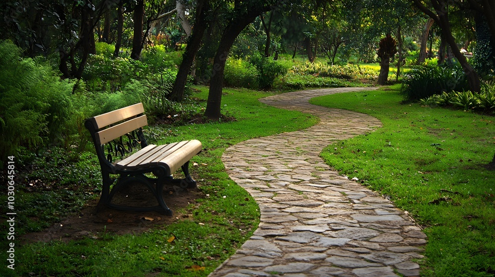 Poster 79. a serene garden path with an empty bench inviting visitors