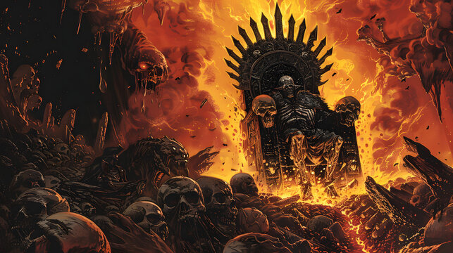 Deamon sitting on his Skull throne, satan sit in the hell sourroundet by flames, Dark illustration