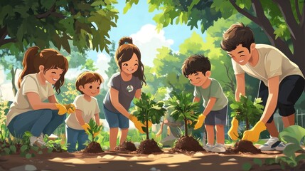 Fototapeta premium Family Planting Trees Together