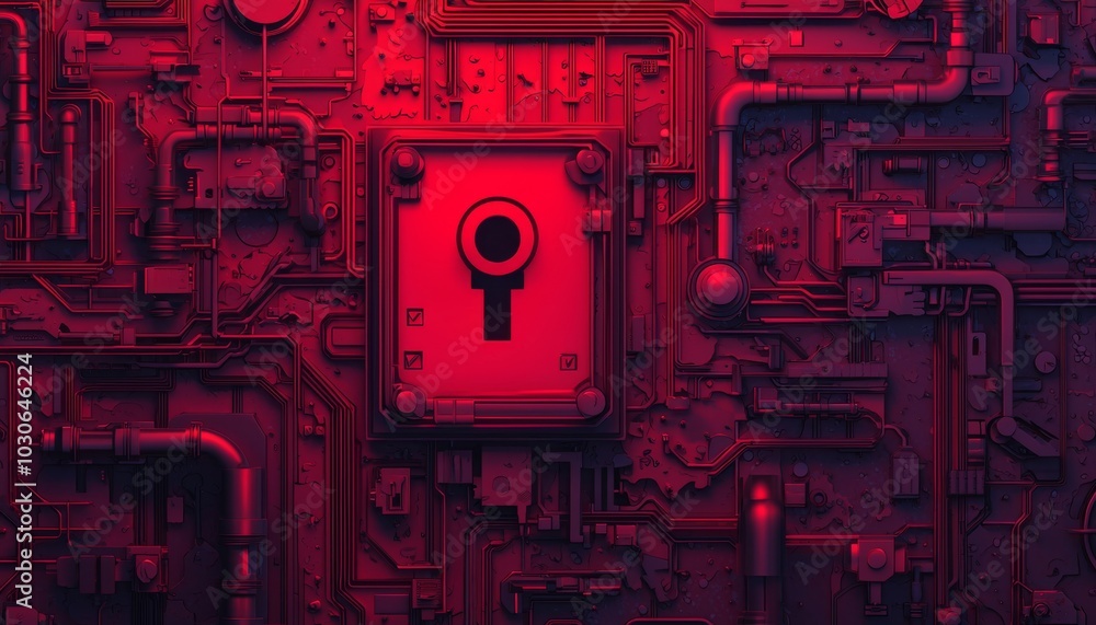 Poster a stylized image of a red circuit board with a keyhole at the center, highlighting themes of securit