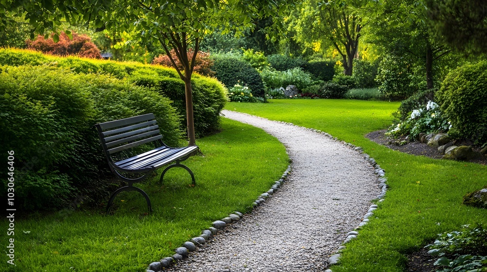 Poster 79. a serene garden path with an empty bench inviting visitors