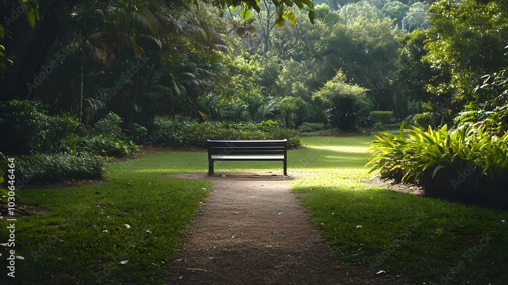 Poster 79. a serene garden path with an empty bench inviting visitors