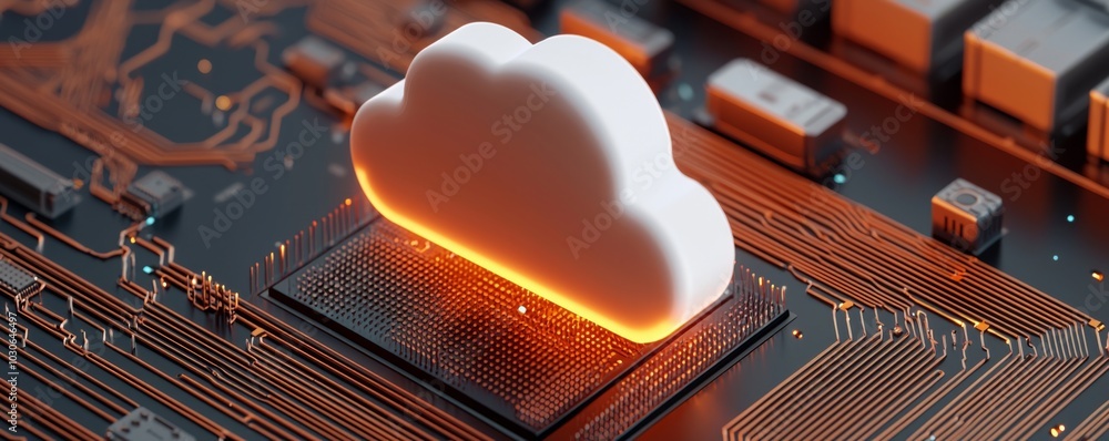 Poster a stylized cloud icon hovers over a circuit board, symbolizing cloud computing and technology integr