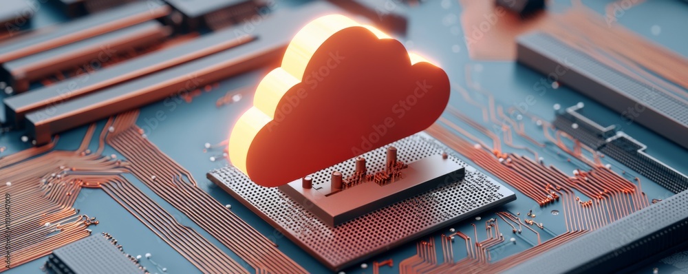 Poster a vibrant cloud symbol above a circuit board, representing cloud computing and digital technology in