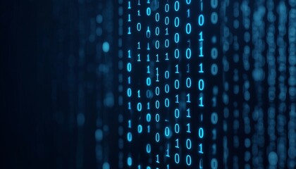 A close-up view of vertical binary code (0s and 1s) displayed against a dark background, representing digital data or computer programming.