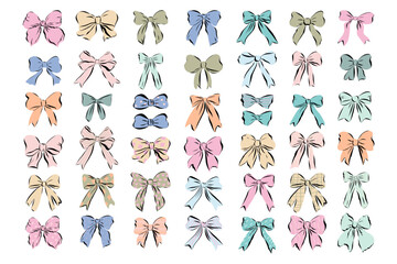 Large set of bows of different colors, shapes and patterns. Vector elements of gift ribbons isolated on background.